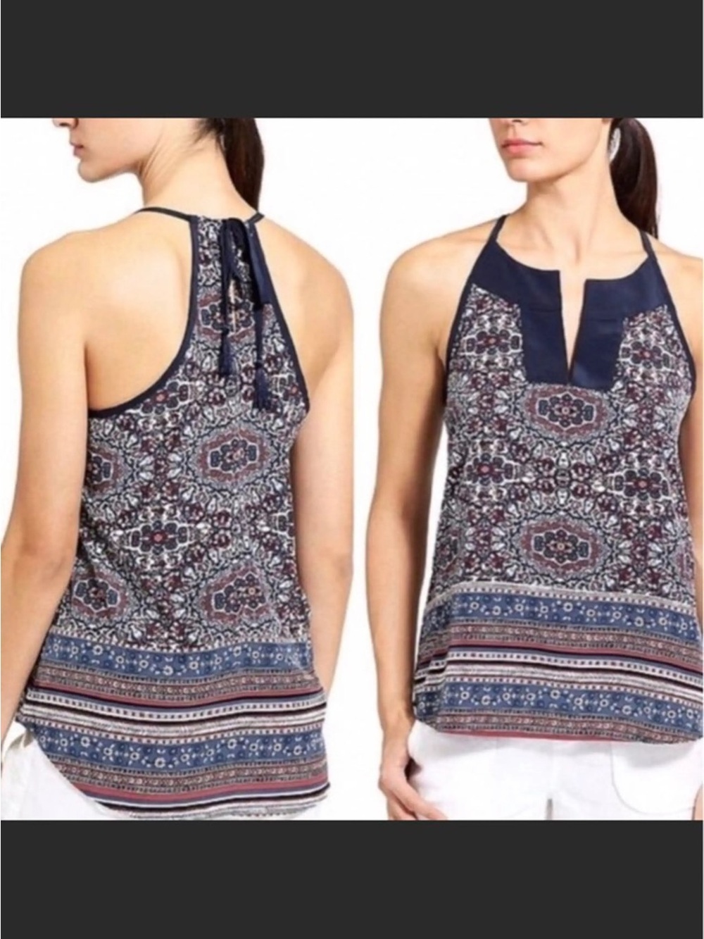 ATHLETA medallion dunes navy boho tassel tie tank XS